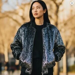 $140 NWT BLANK NYC Black & Silver SEQUINED Bomber PUFFER Oversized JACKET XS